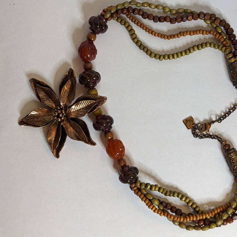 Vintage‎ Cookie Lee Bronze Floral Seed Beaded Pendant Statement Necklace